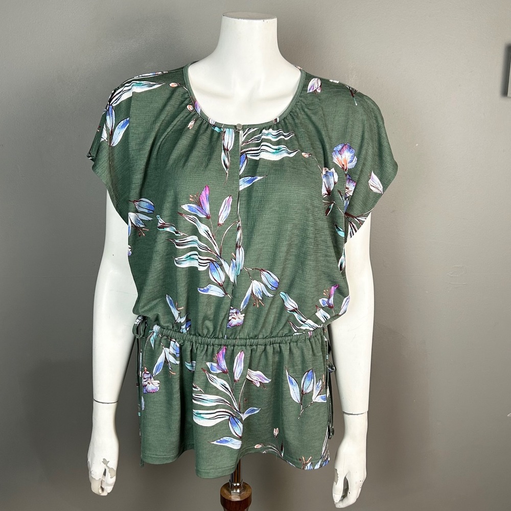 RACHEL Rachel Roy Floral Top Large Green Short Dolman Sleeve Figure Flattering